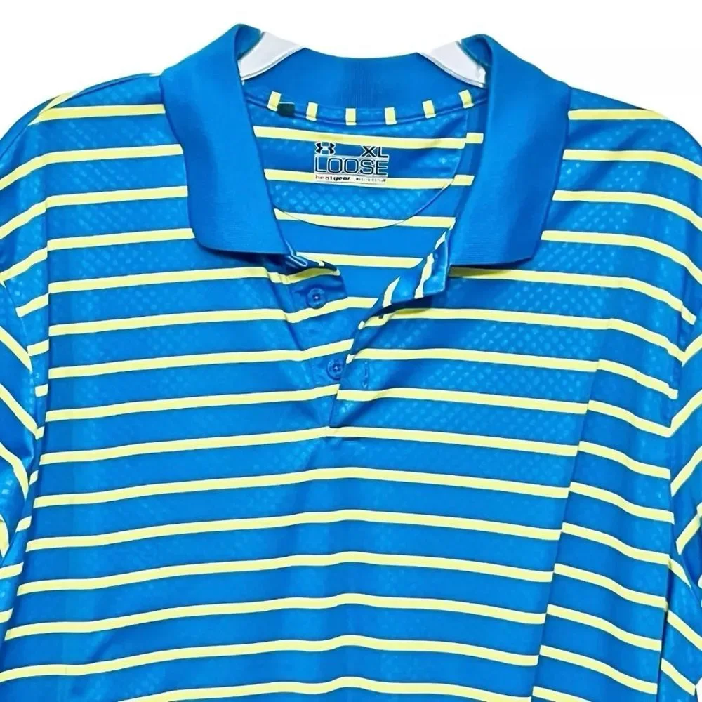 Under Armour Heat Gear Loose Polo  Florida Golf Course Blue Yellow Stripes Sz XL - Picture 4 of 12